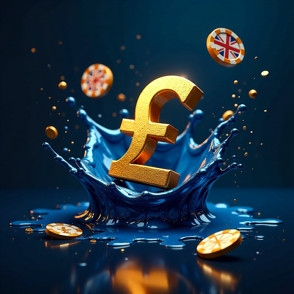 Dynamic liquid metal explosion in royal blue and gold, swirling 3D golden British Pound symbols and casino chips, subtle Union Jack patterns made of light in the background, dark charcoal reflective surface, high-tech financial gambling art, sharp focus, 